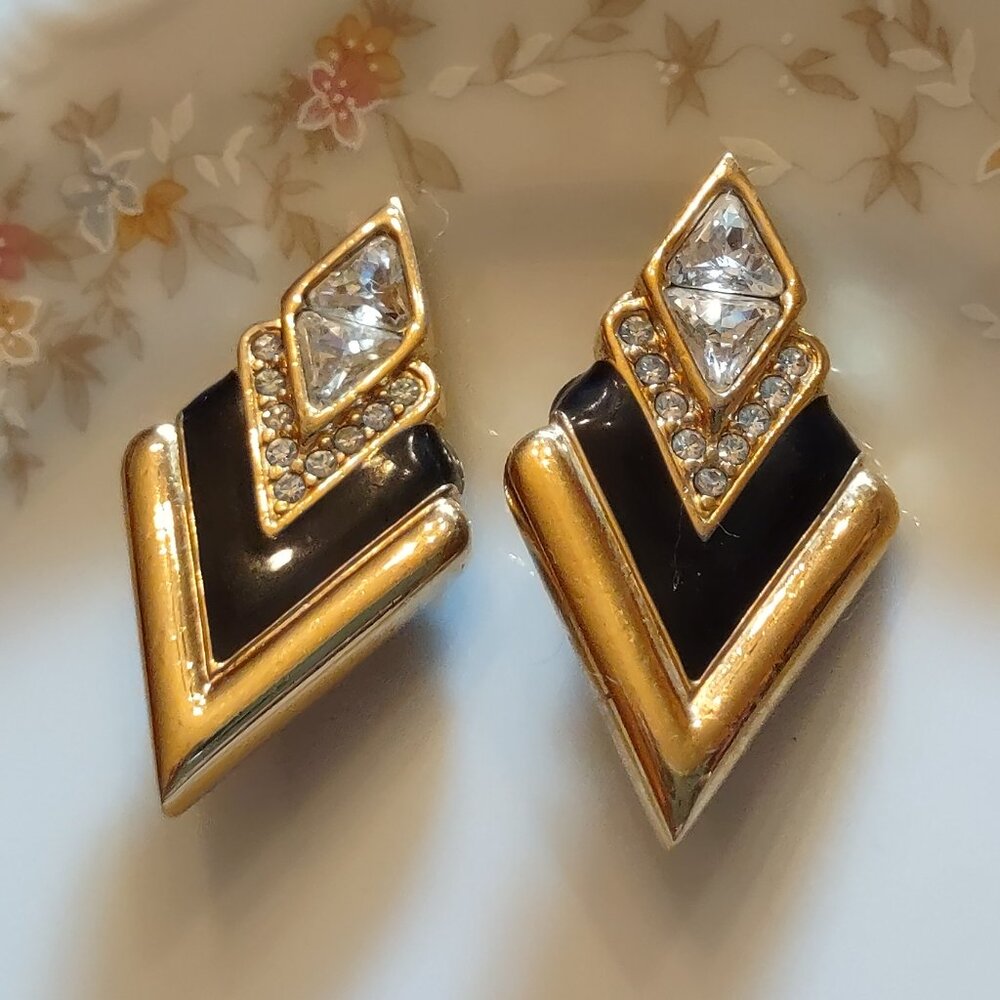 Vtg 80s Swarovski Vintage Earrings Black Gold Enamel Clear Crystals Art Deco SAL